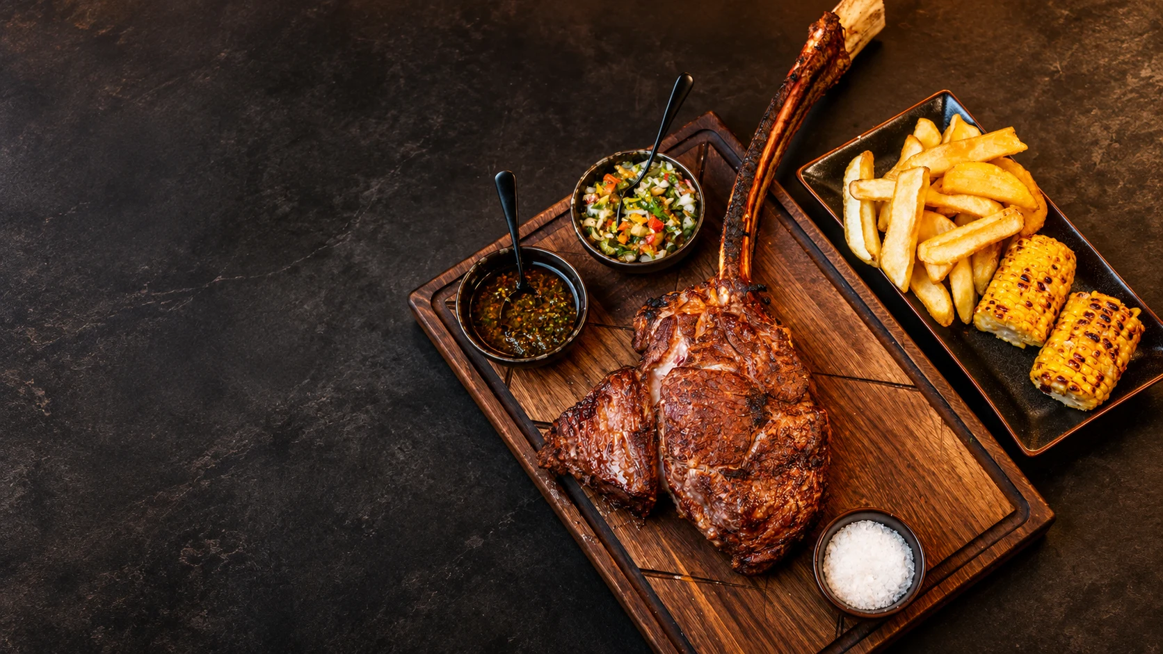 Tomahawk con mais, patate e salse, elaborazione AI dalla foto di Ardito's